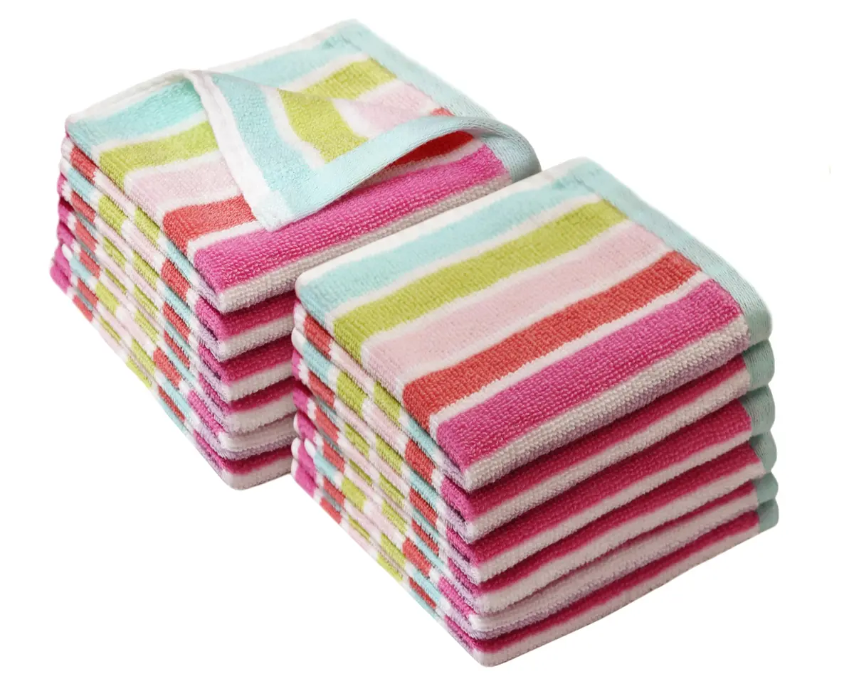 ORIGINAL KIDS 100% Cotton Wash Cloths Set of 12 - Pink Multi Stripe 30x30cm (12x12 Inch) - main product image