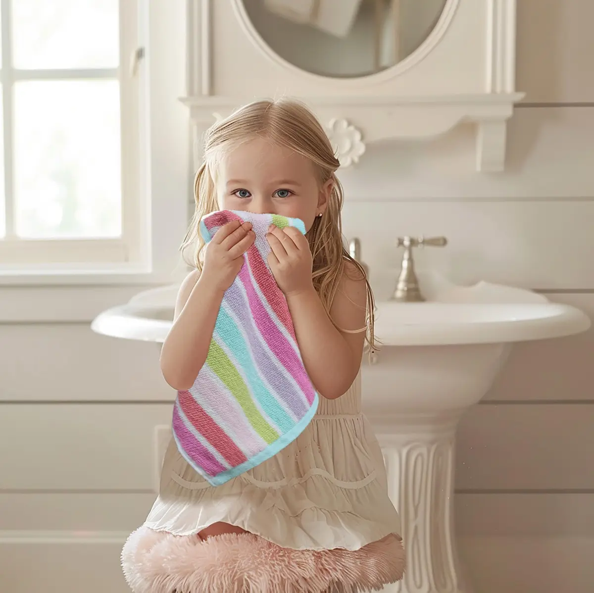 ORIGINAL KIDS 100% Cotton Wash Cloths Set of 12 - Pink Multi Stripe 30x30cm (12x12 Inch) - view 2