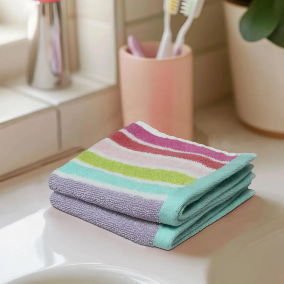 ORIGINAL KIDS 100% Cotton Wash Cloths Set of 12 - Pink Multi Stripe 30x30cm (12x12 Inch) - view 4