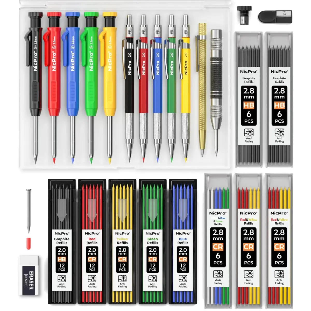 Nicpro 27 Pack Carpenter Pencils for Woodworking | 2.0mm & 2.8mm Leads, Center Punch, Scribe Tool, Storage Case - main product image