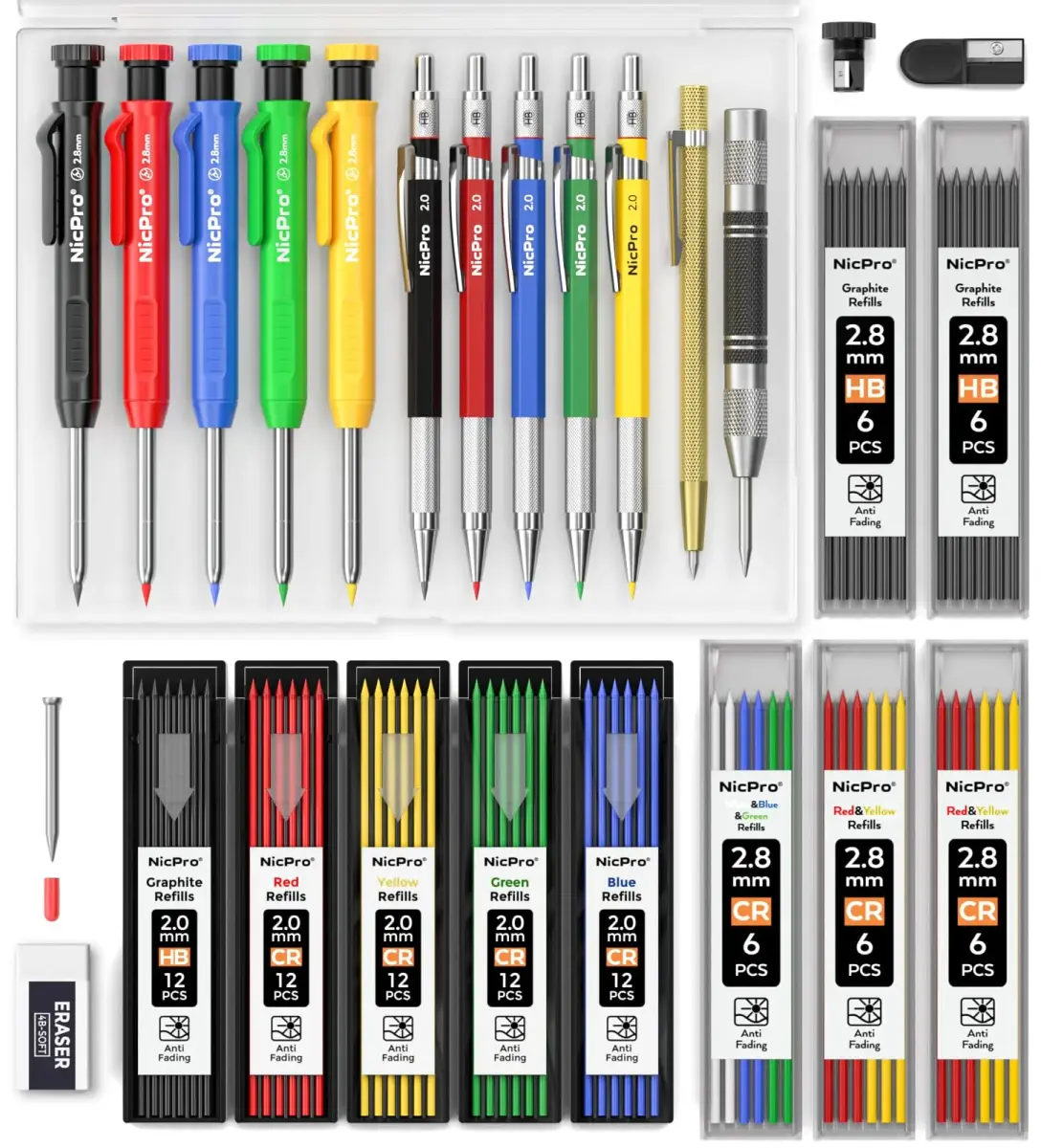 Nicpro 27 Pack Carpenter Pencils for Woodworking | 2.0mm & 2.8mm Leads, Center Punch, Scribe Tool, Storage Case - main product image