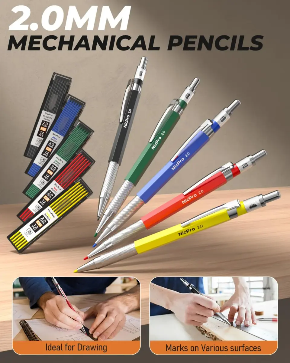 Nicpro 27 Pack Carpenter Pencils for Woodworking | 2.0mm & 2.8mm Leads, Center Punch, Scribe Tool, Storage Case - view 3