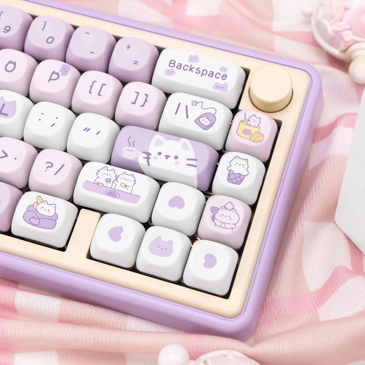 COOMICKEY Cute Keycaps Cat Afternoon Tea Purple PBT Key Cap for Cherry MX | MOA Profile, 132 Keys, Compatible with Mechanical Keyboards - view 5