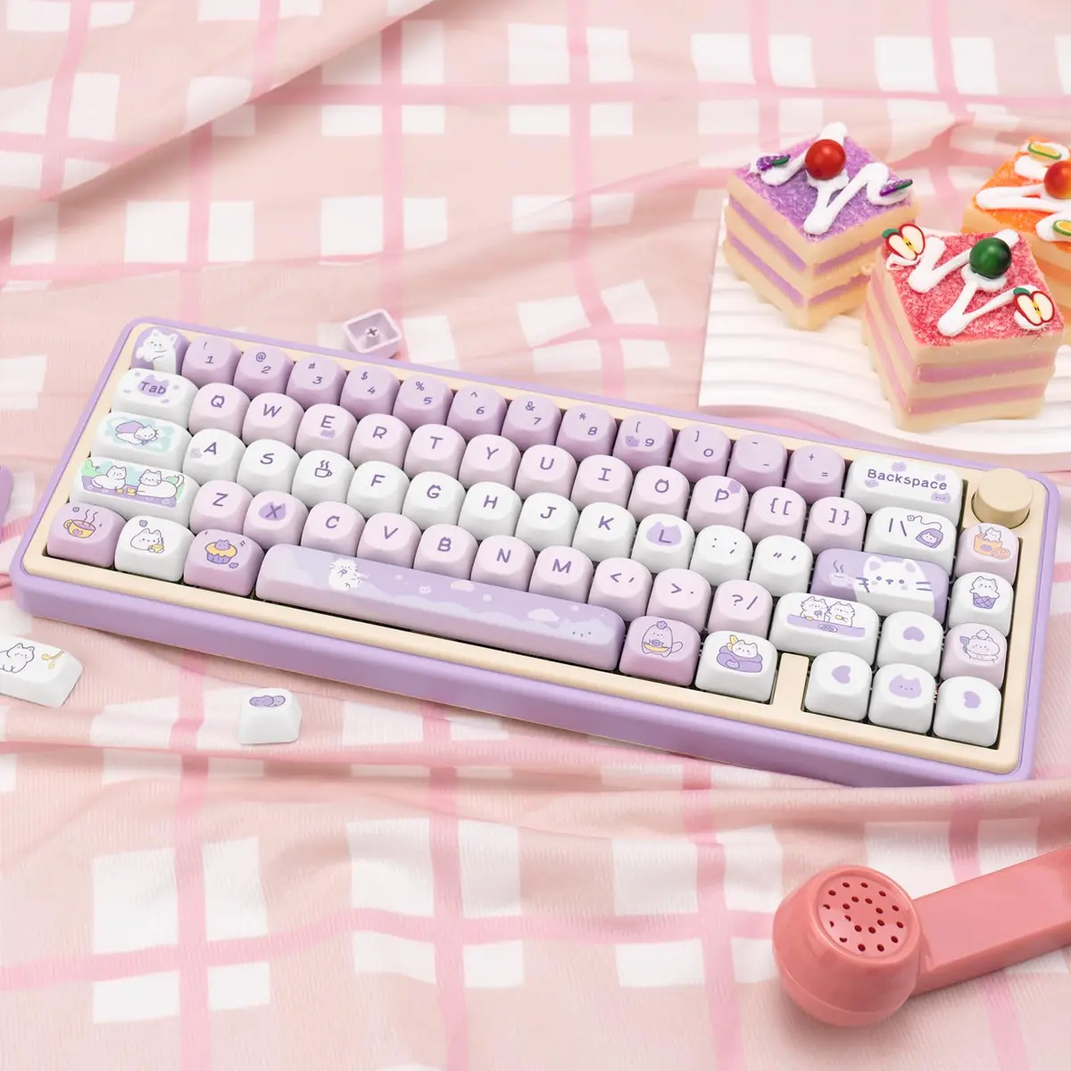COOMICKEY Cute Keycaps Cat Afternoon Tea Purple PBT Key Cap for Cherry MX | MOA Profile, 132 Keys, Compatible with Mechanical Keyboards - view 6