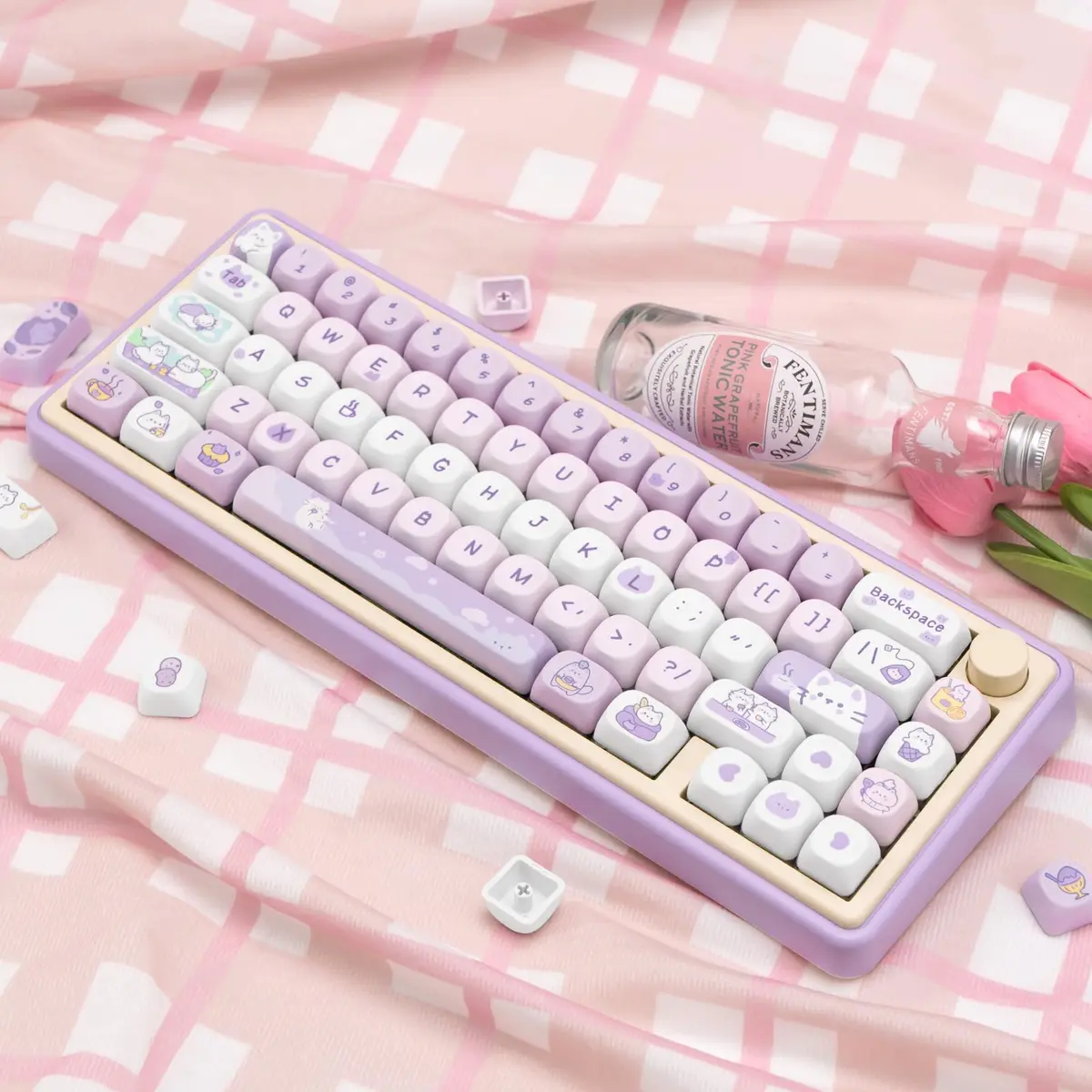 COOMICKEY Cute Keycaps Cat Afternoon Tea Purple PBT Key Cap for Cherry MX | MOA Profile, 132 Keys, Compatible with Mechanical Keyboards - view 7