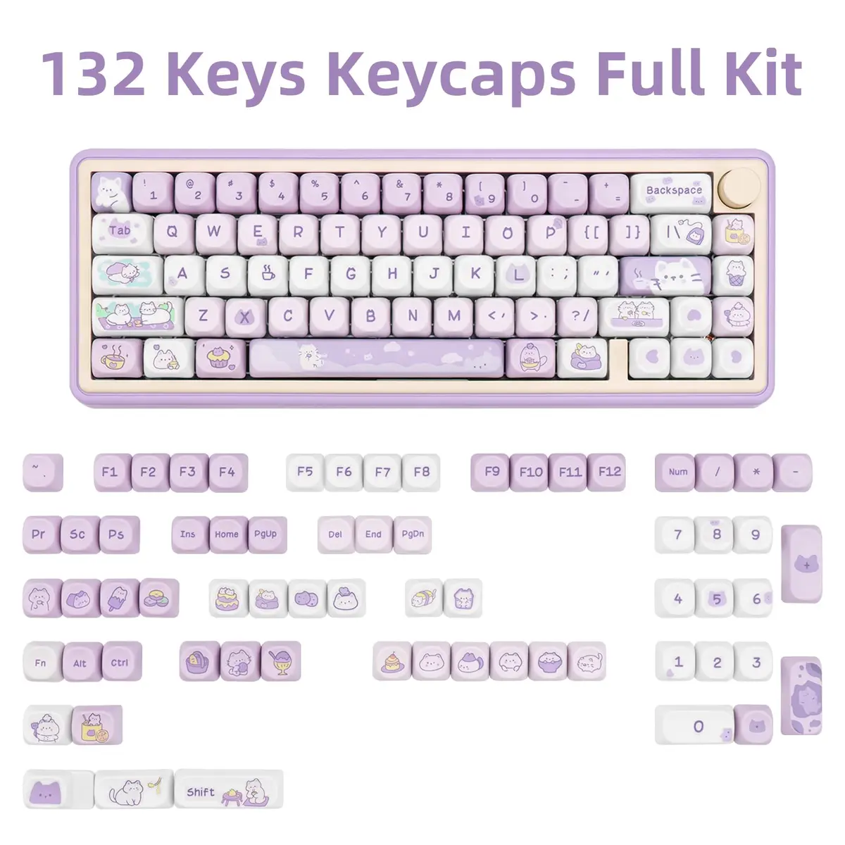 COOMICKEY Cute Keycaps Cat Afternoon Tea Purple PBT Key Cap for Cherry MX | MOA Profile, 132 Keys, Compatible with Mechanical Keyboards - view 2