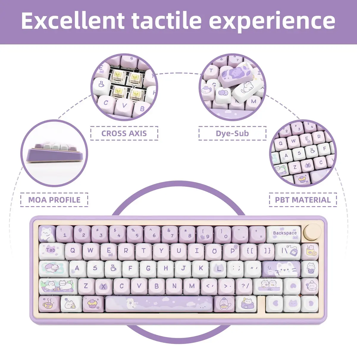COOMICKEY Cute Keycaps Cat Afternoon Tea Purple PBT Key Cap for Cherry MX | MOA Profile, 132 Keys, Compatible with Mechanical Keyboards - view 3