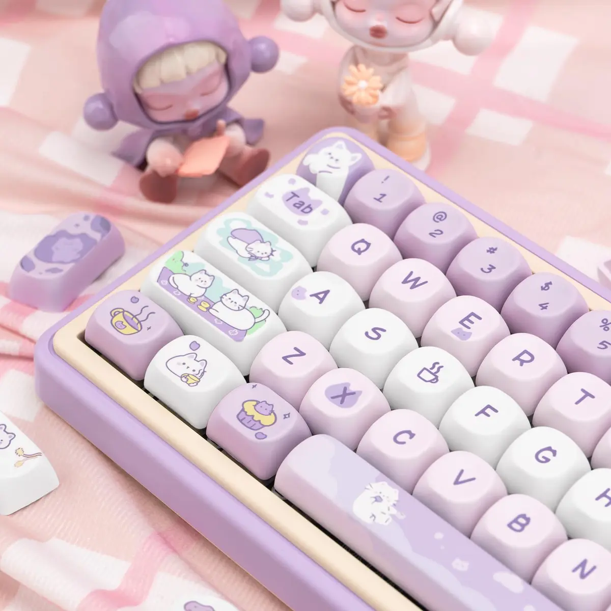 COOMICKEY Cute Keycaps Cat Afternoon Tea Purple PBT Key Cap for Cherry MX | MOA Profile, 132 Keys, Compatible with Mechanical Keyboards - view 4