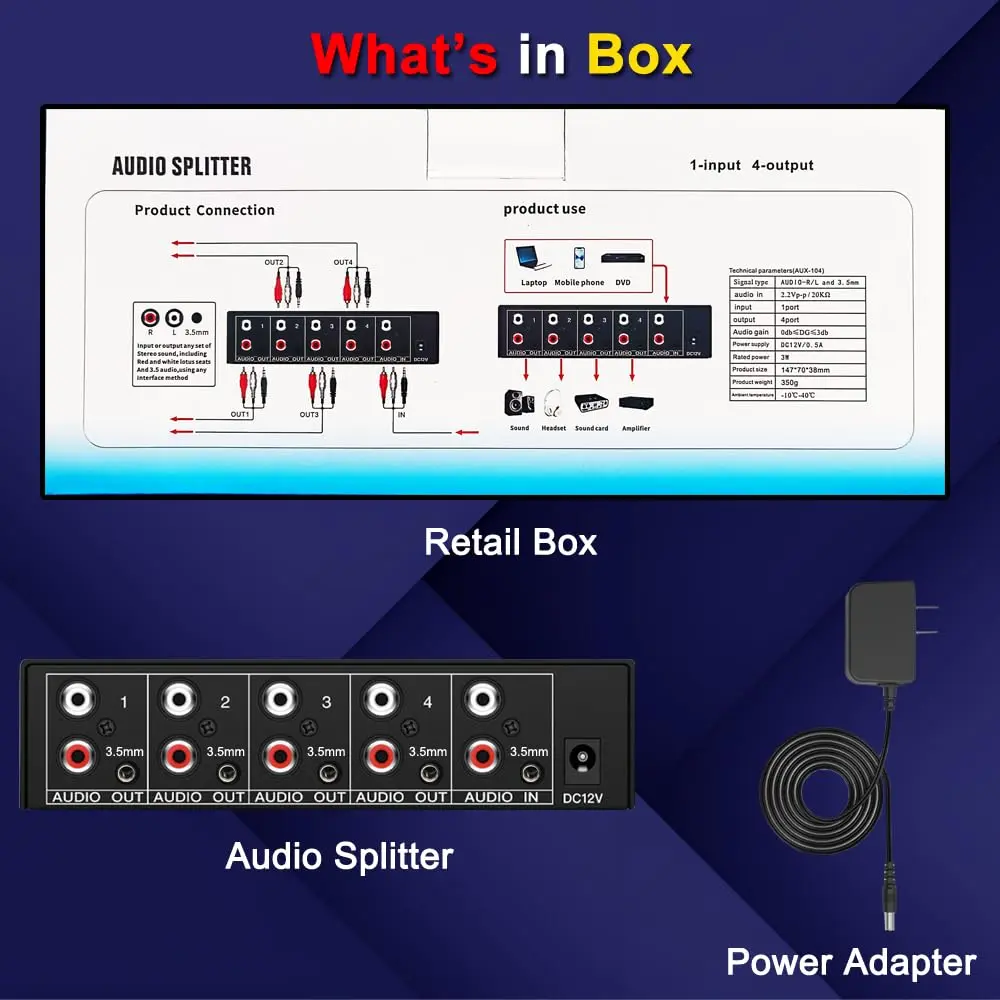 FlyroadUp 3.5mm Aux RCA L/R Audio Splitter 1 in 4 Out | Reliable Home Audio Distributor - view 7