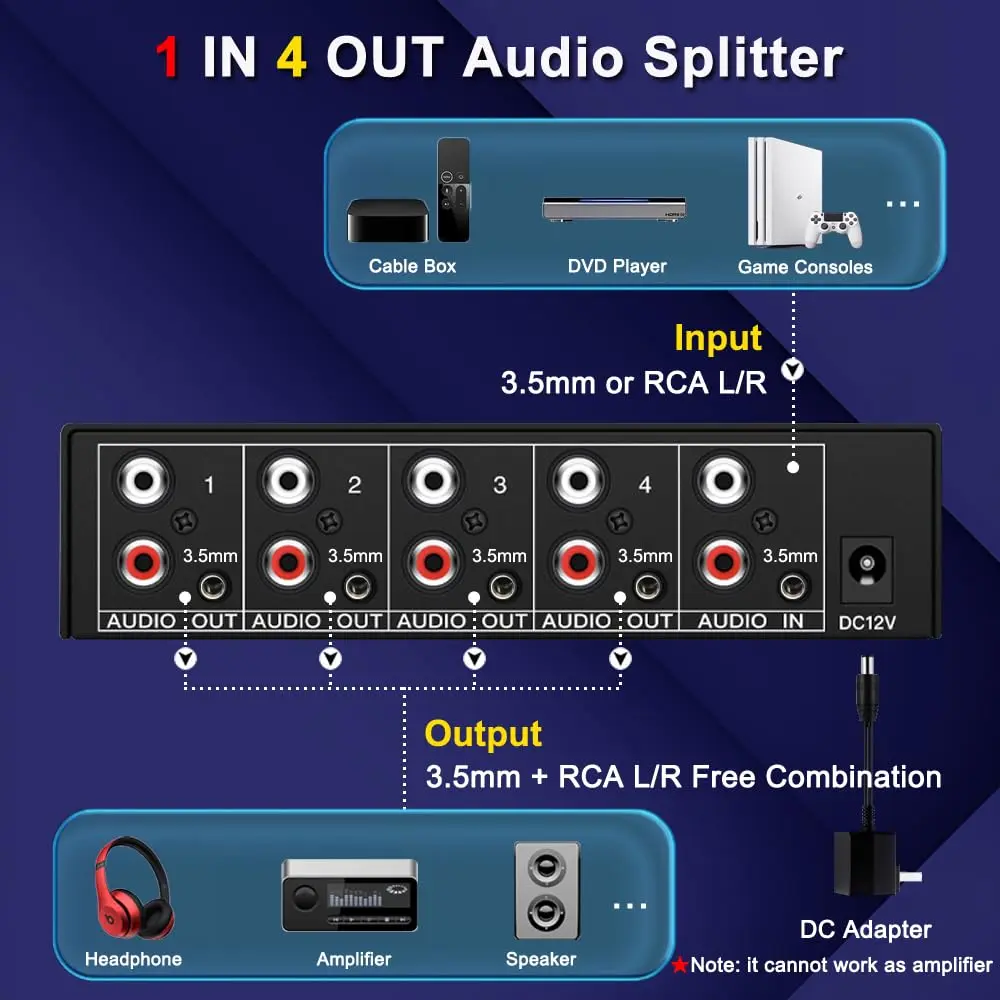 FlyroadUp 3.5mm Aux RCA L/R Audio Splitter 1 in 4 Out | Reliable Home Audio Distributor - view 2