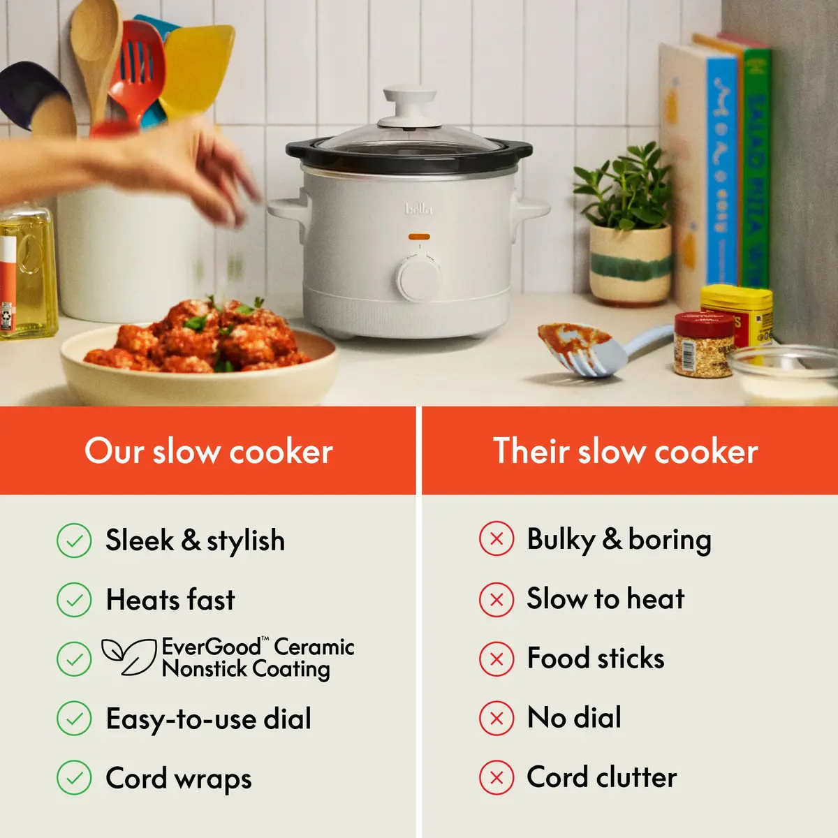 BELLA 1.5 Qt Slow Cooker with 3 Heat Manual Control | Ceramic Nonstick Coating & Dishwasher Safe - view 6