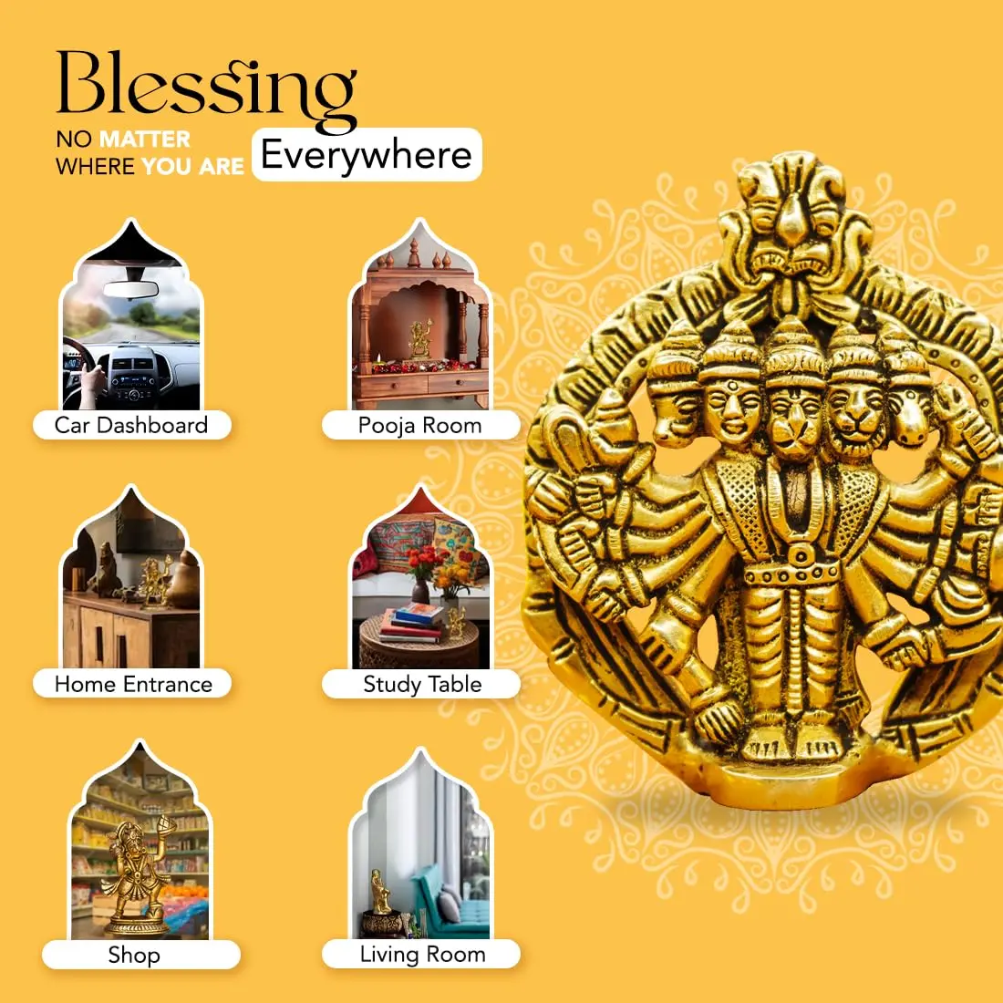 Ekhasa Panchmukhi Hanuman Statue 10 cm (3.93 in) Brass | Vastu Protection Door Entrance Figurine - view 5