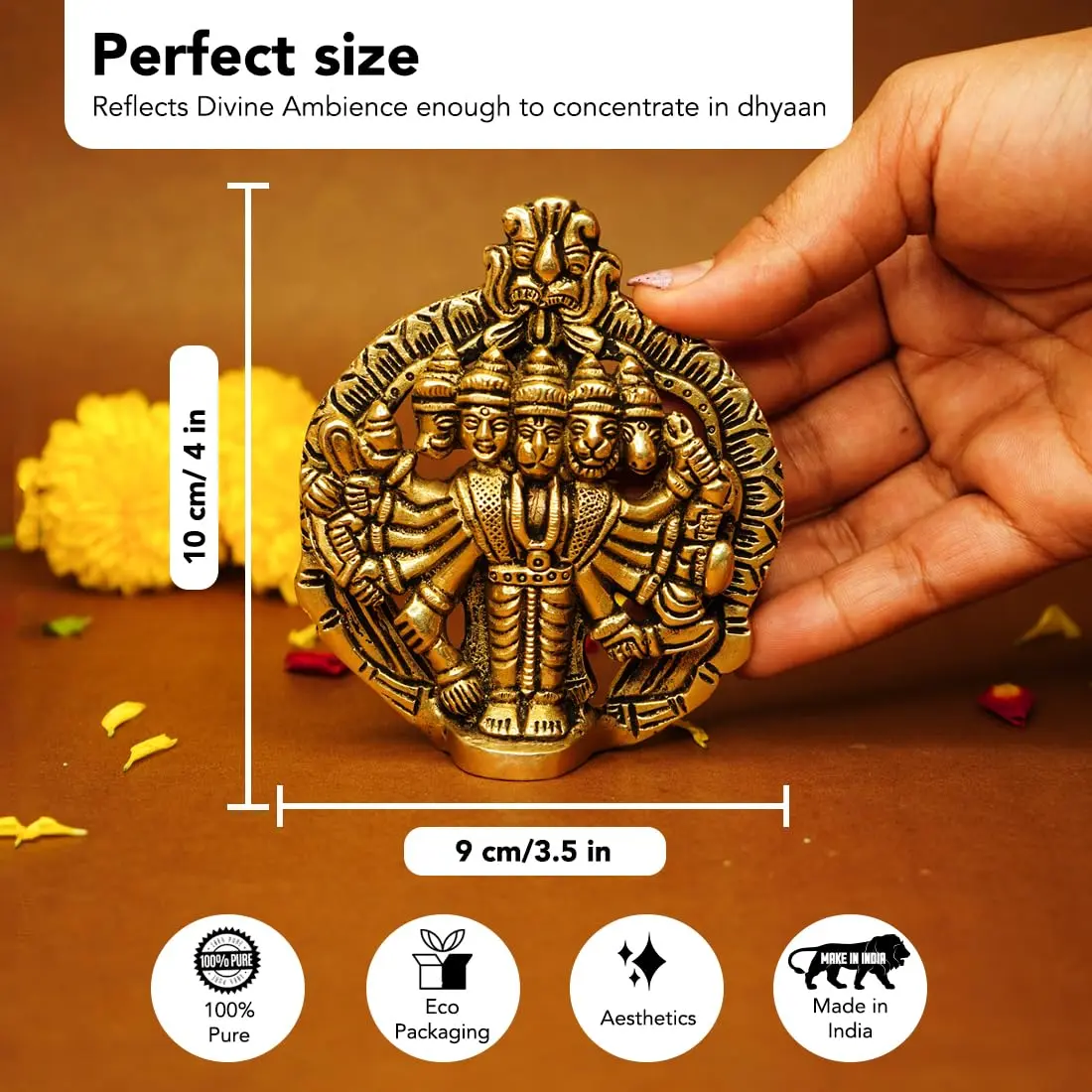 Ekhasa Panchmukhi Hanuman Statue 10 cm (3.93 in) Brass | Vastu Protection Door Entrance Figurine - view 2