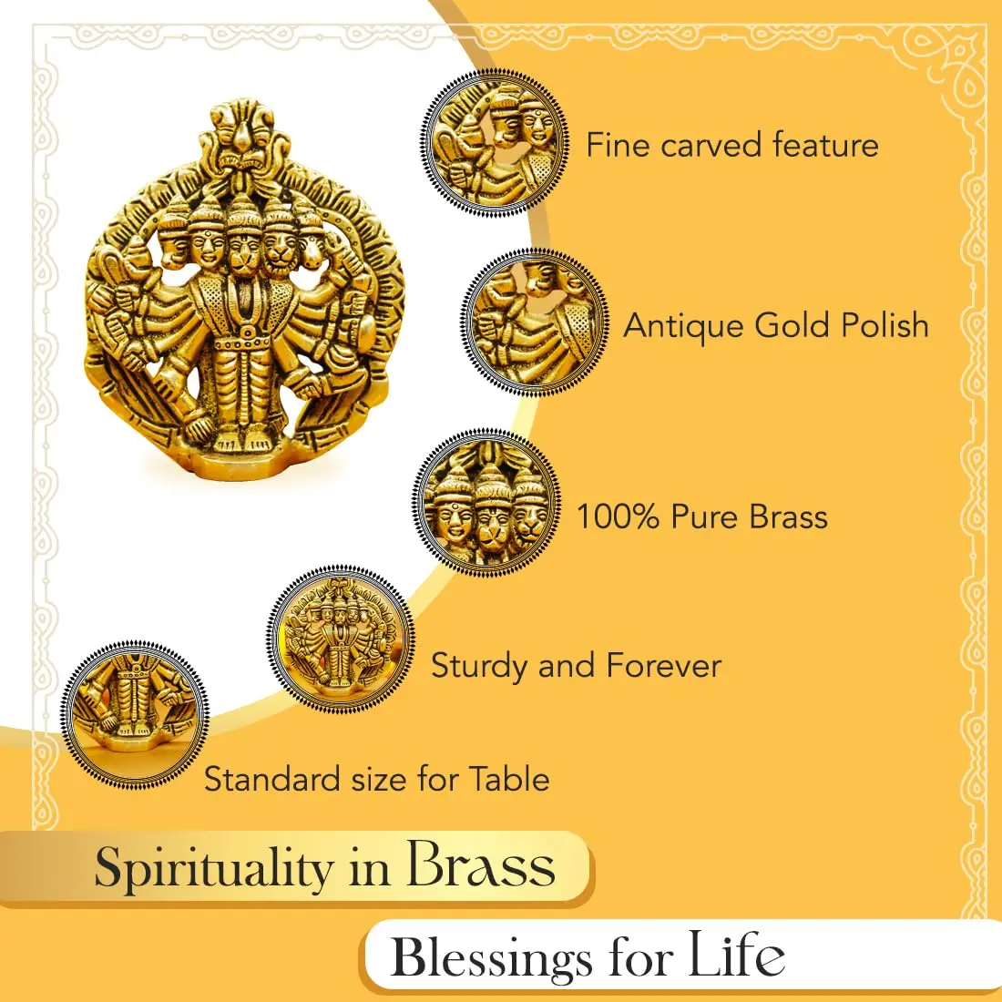 Ekhasa Panchmukhi Hanuman Statue 10 cm (3.93 in) Brass | Vastu Protection Door Entrance Figurine - view 3