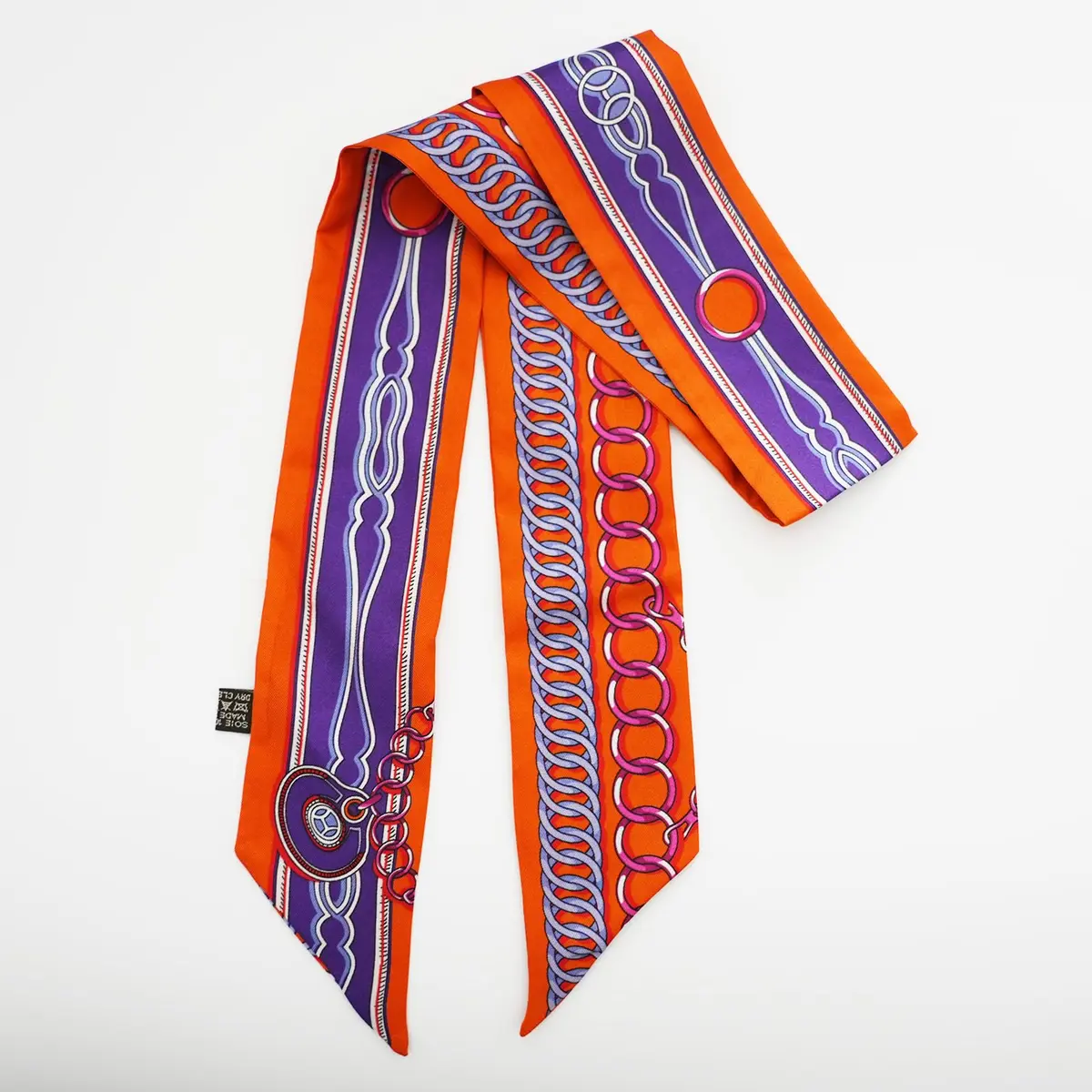 JERLA 100% Mulberry Silk Scarf 88cm x 5cm | Graphic Print Handbag Tie Hair Ribbon - view 3