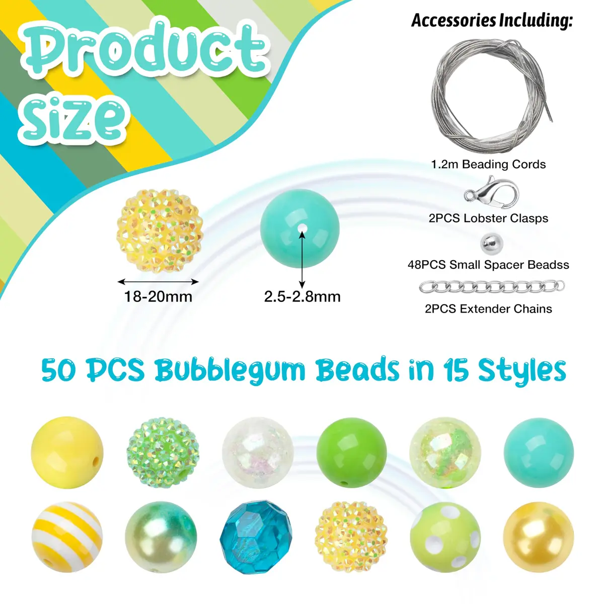 Jeacksy Bubblegum Beads 20mm | Colorful Chunk DIY Pen & Jewelry Craft Beads (20mm, 50pcs) - view 2