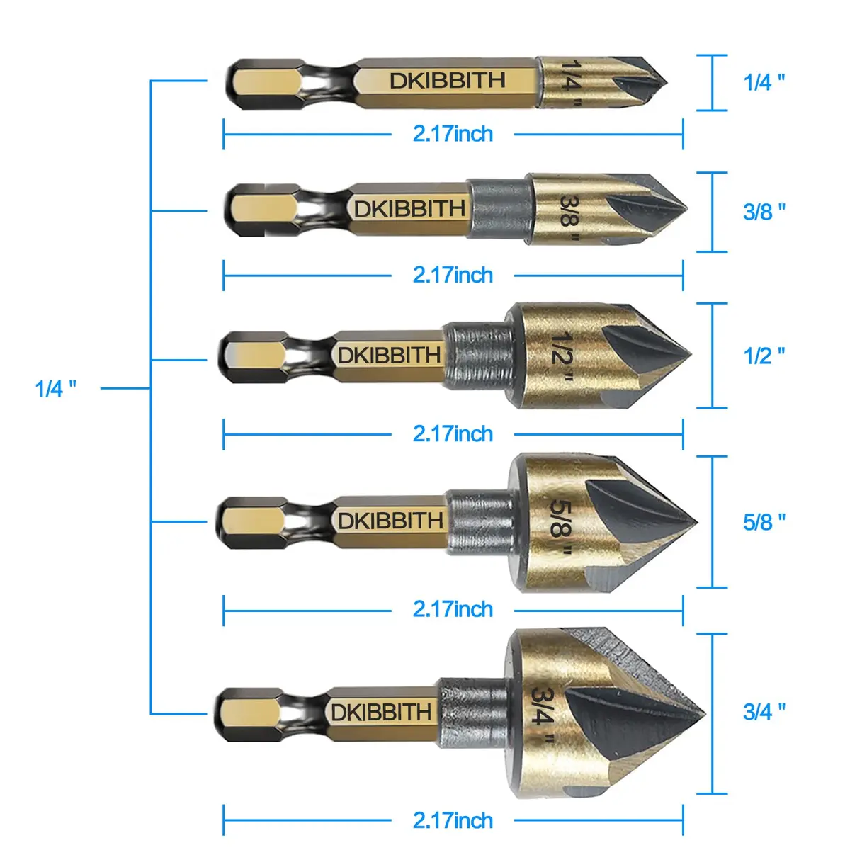 DKIBBITH Countersink Drill Bit Set 5pc 1/4" Hex Shank 82° | Precise, Versatile, Durable - view 2