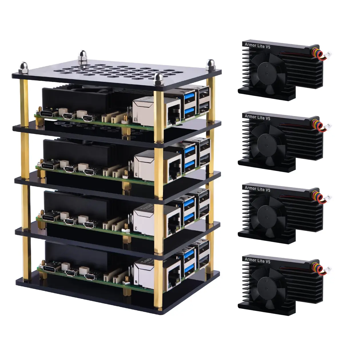 GeeekPi 4 Layers Cluster Case for Raspberry Pi 5 | Stackable Case with 4PCS Armor Lite V5 Active Cooler (8GB/4GB) - main product image