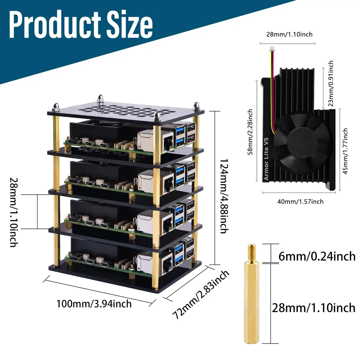 GeeekPi 4 Layers Cluster Case for Raspberry Pi 5 | Stackable Case with 4PCS Armor Lite V5 Active Cooler (8GB/4GB) - view 3
