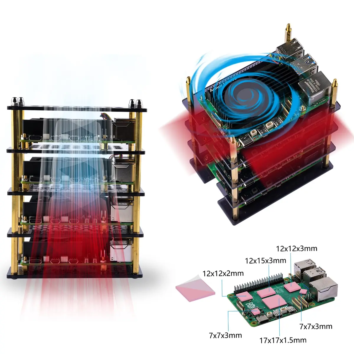 GeeekPi 4 Layers Cluster Case for Raspberry Pi 5 | Stackable Case with 4PCS Armor Lite V5 Active Cooler (8GB/4GB) - view 4