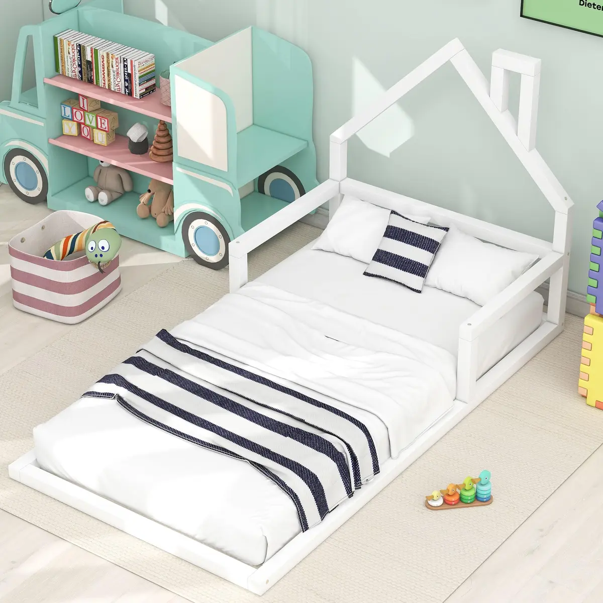 Acosure Twin Size Wood Floor Bed with House-shaped Headboard and Chimney | Modern Kids Bedroom Frame, No Box Spring, White - main product image