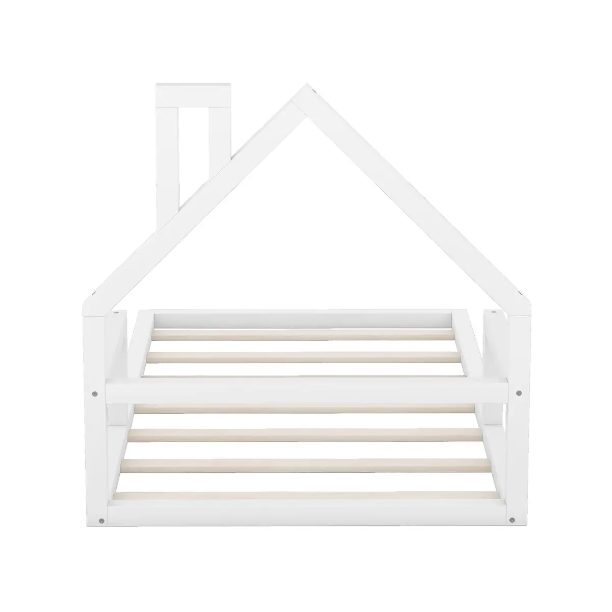 Acosure Twin Size Wood Floor Bed with House-shaped Headboard and Chimney | Modern Kids Bedroom Frame, No Box Spring, White - view 5
