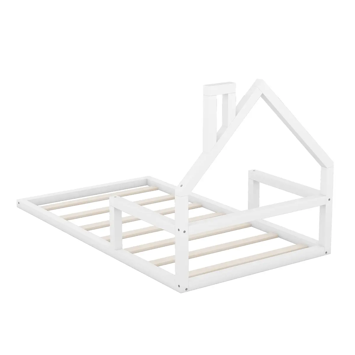 Acosure Twin Size Wood Floor Bed with House-shaped Headboard and Chimney | Modern Kids Bedroom Frame, No Box Spring, White - view 6