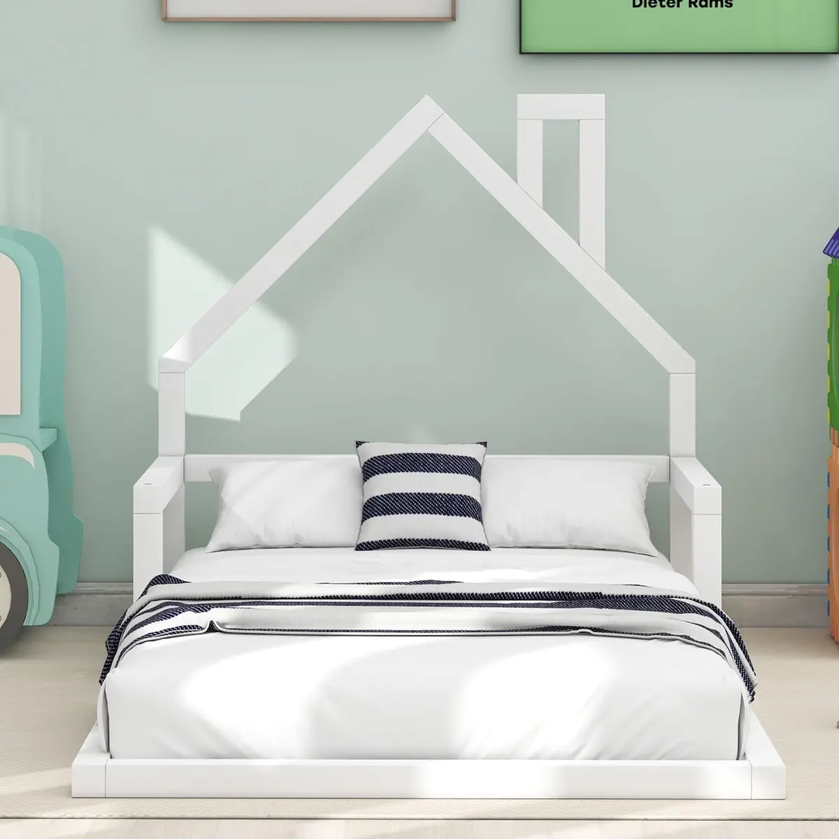 Acosure Twin Size Wood Floor Bed with House-shaped Headboard and Chimney | Modern Kids Bedroom Frame, No Box Spring, White - view 7