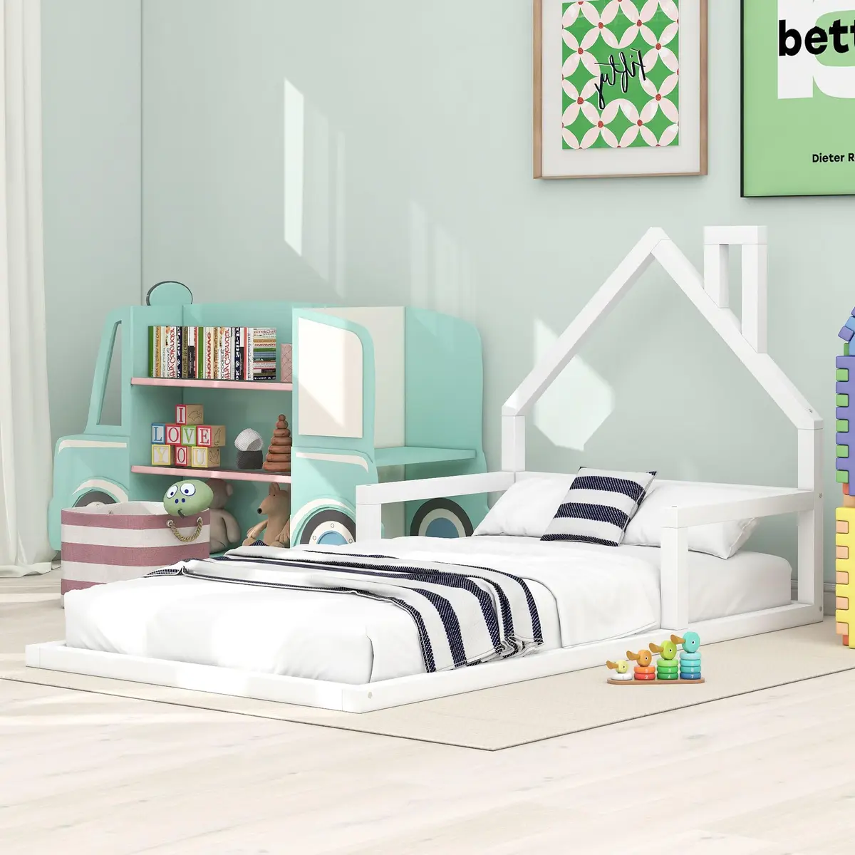 Acosure Twin Size Wood Floor Bed with House-shaped Headboard and Chimney | Modern Kids Bedroom Frame, No Box Spring, White - view 2