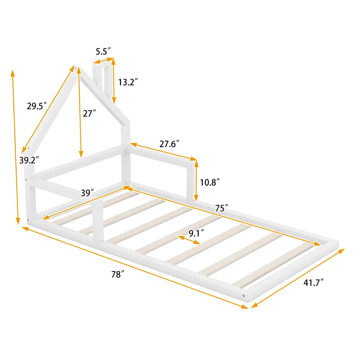 Acosure Twin Size Wood Floor Bed with House-shaped Headboard and Chimney | Modern Kids Bedroom Frame, No Box Spring, White - view 3