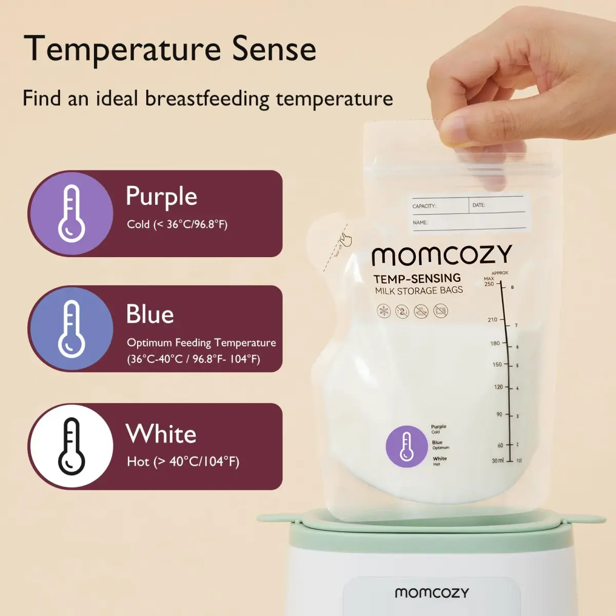 Momcozy 8oz (240ml) Breastmilk Storage Bags, Temp-Sensing & Pour Spout, 200 Count | BPA-Free for Safe Baby Feeding - view 2