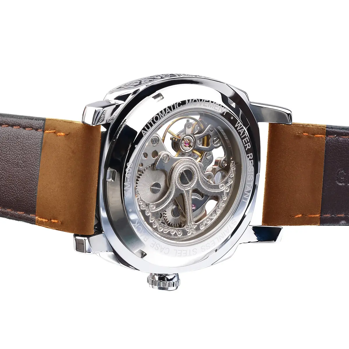 FORSINING Square Retro Mechanical Watch Self-Wind Leather Strap | Skeleton Automatic (42mm) - view 4
