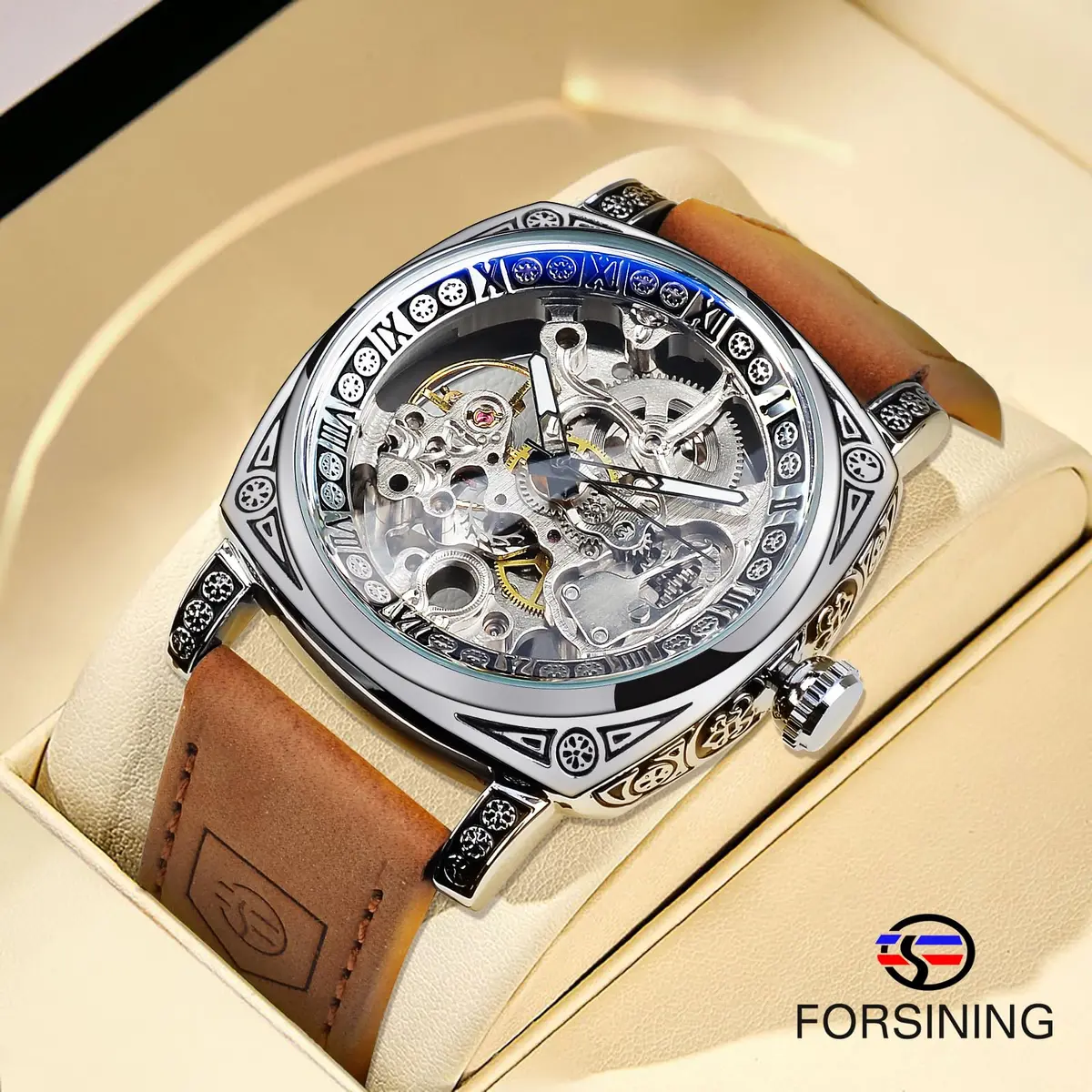 FORSINING Square Retro Mechanical Watch Self-Wind Leather Strap | Skeleton Automatic (42mm) - view 5