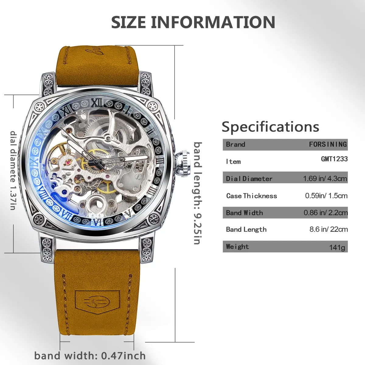 FORSINING Square Retro Mechanical Watch Self-Wind Leather Strap | Skeleton Automatic (42mm) - view 6