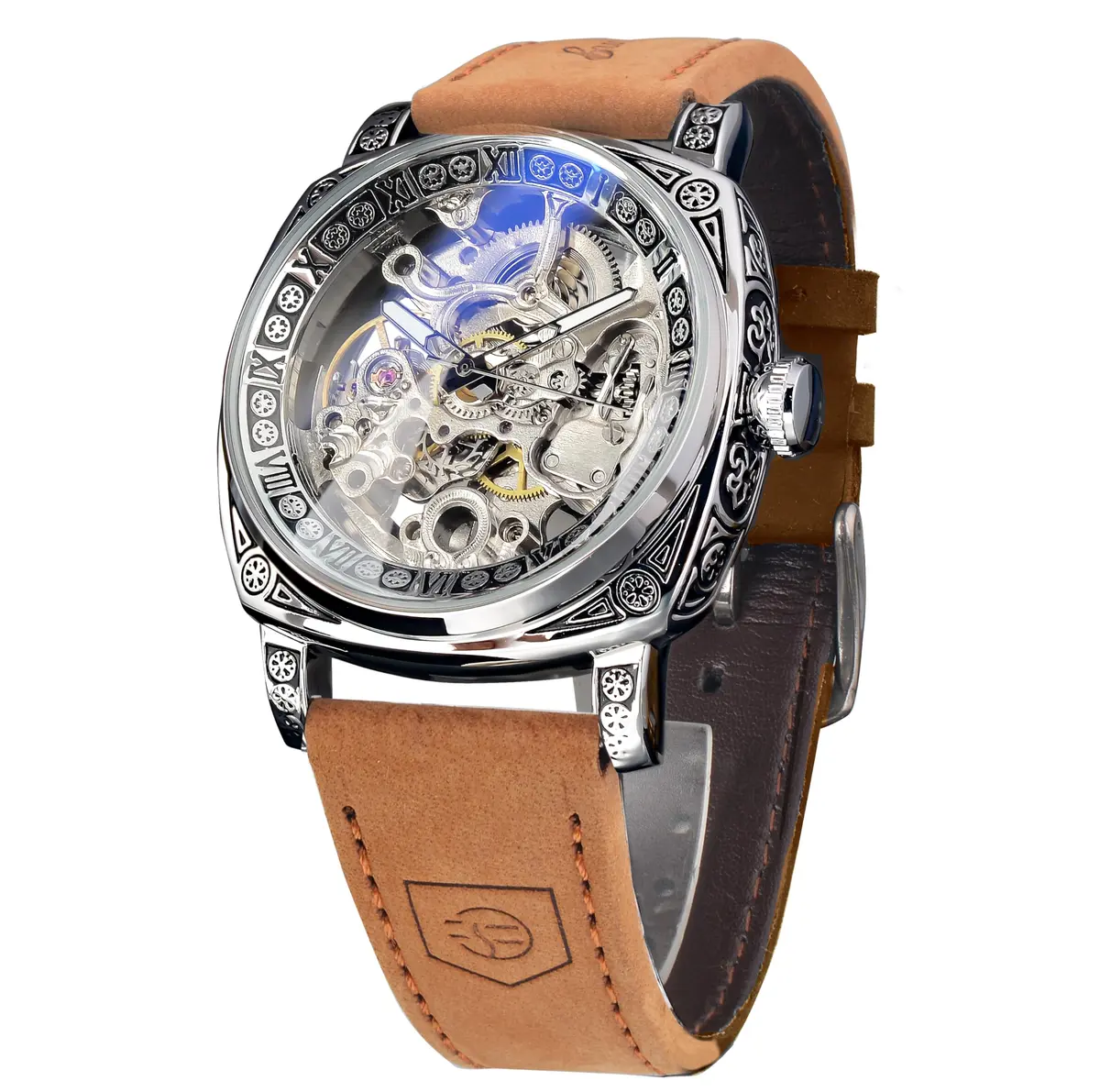 FORSINING Square Retro Mechanical Watch Self-Wind Leather Strap | Skeleton Automatic (42mm) - main product image