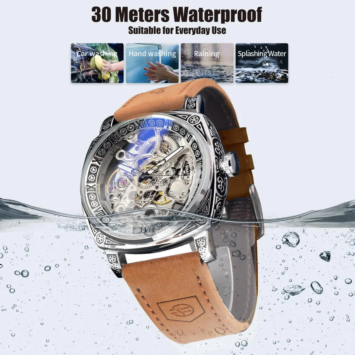 FORSINING Square Retro Mechanical Watch Self-Wind Leather Strap | Skeleton Automatic (42mm) - view 7