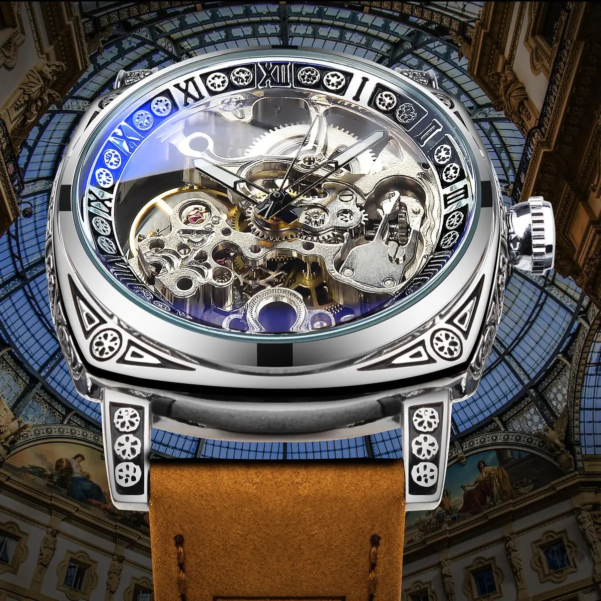 FORSINING Square Retro Mechanical Watch Self-Wind Leather Strap | Skeleton Automatic (42mm) - view 2