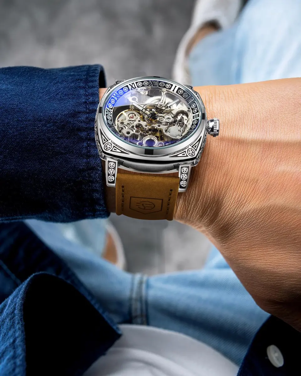 FORSINING Square Retro Mechanical Watch Self-Wind Leather Strap | Skeleton Automatic (42mm) - view 3