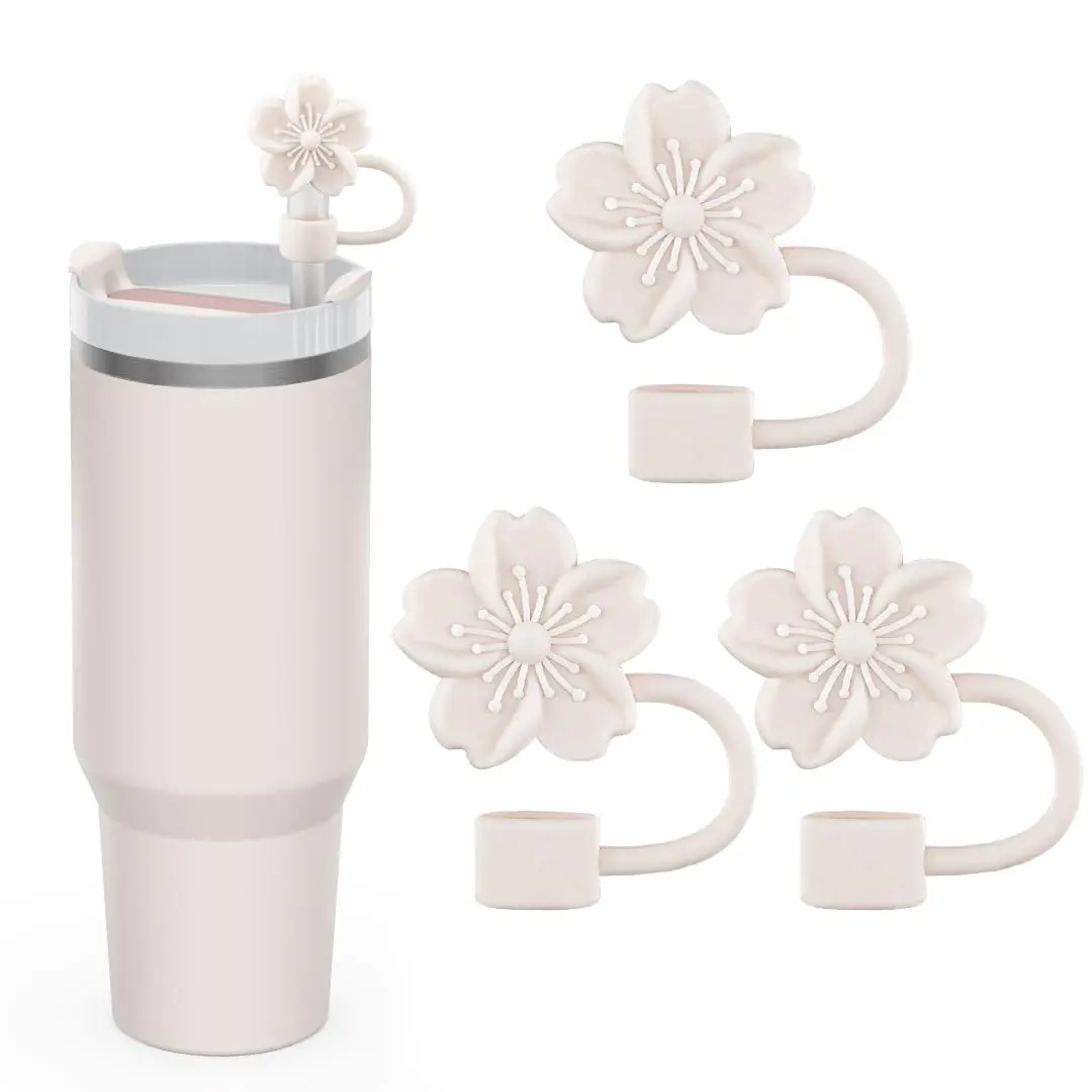 Oiurydntw Flower Straw Covers for Stanley Cup Tumblers, 3Pcs Silicone Straw Tips Lids, Beige | Leak-Proof & Dust-Free - main product image