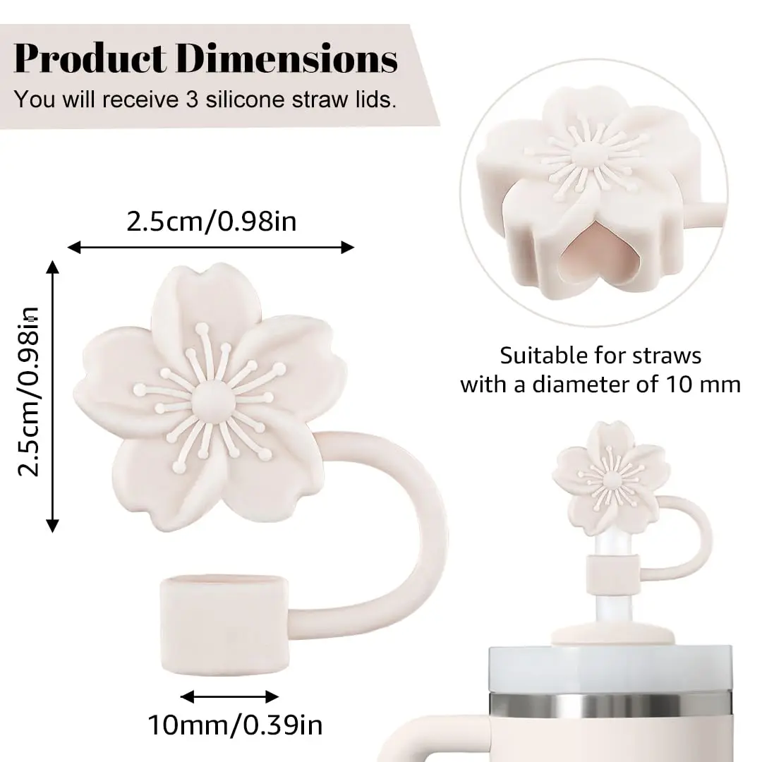 Oiurydntw Flower Straw Covers for Stanley Cup Tumblers, 3Pcs Silicone Straw Tips Lids, Beige | Leak-Proof & Dust-Free - view 2