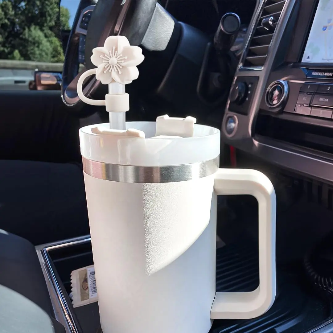 Oiurydntw Flower Straw Covers for Stanley Cup Tumblers, 3Pcs Silicone Straw Tips Lids, Beige | Leak-Proof & Dust-Free - view 3