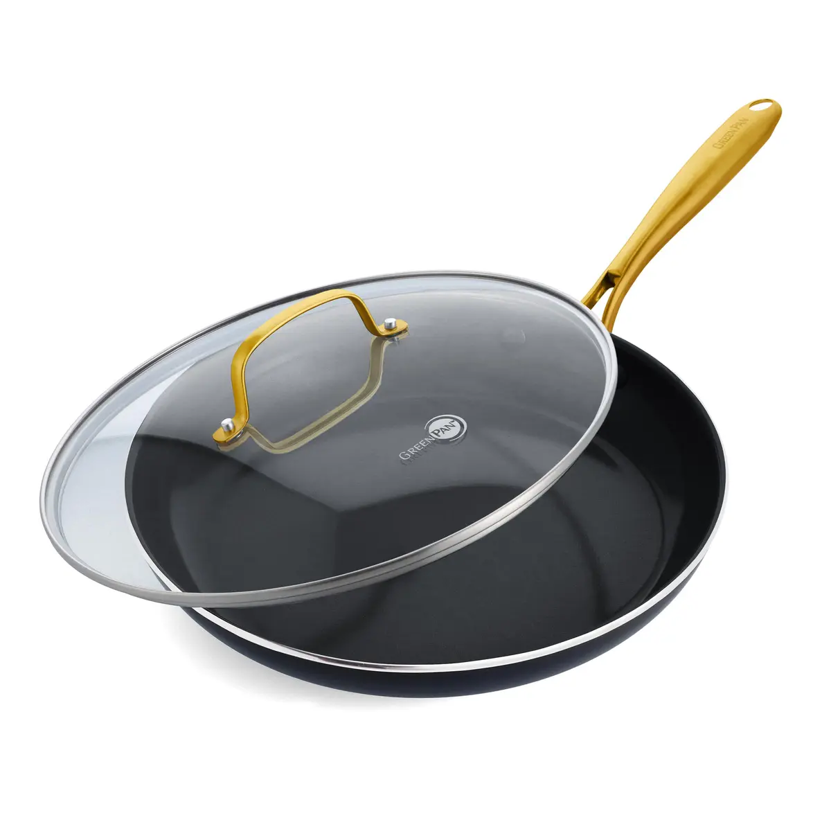 GreenPan Studio 12" Frying Pan with Glass Lid | Ceramic Nonstick, Heavy-Gauge Aluminum, Gold Handle - main product image