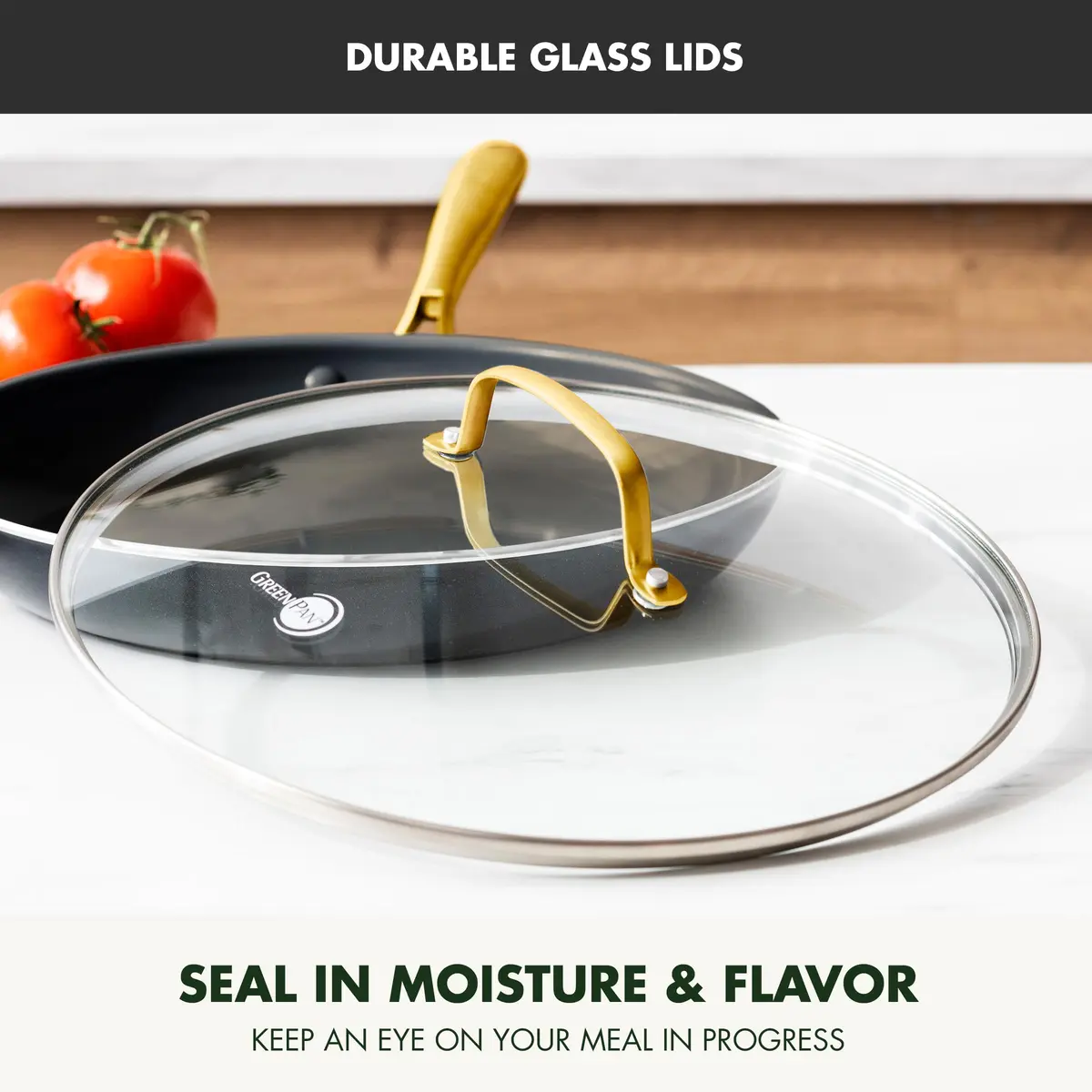 GreenPan Studio 12" Frying Pan with Glass Lid | Ceramic Nonstick, Heavy-Gauge Aluminum, Gold Handle - view 2
