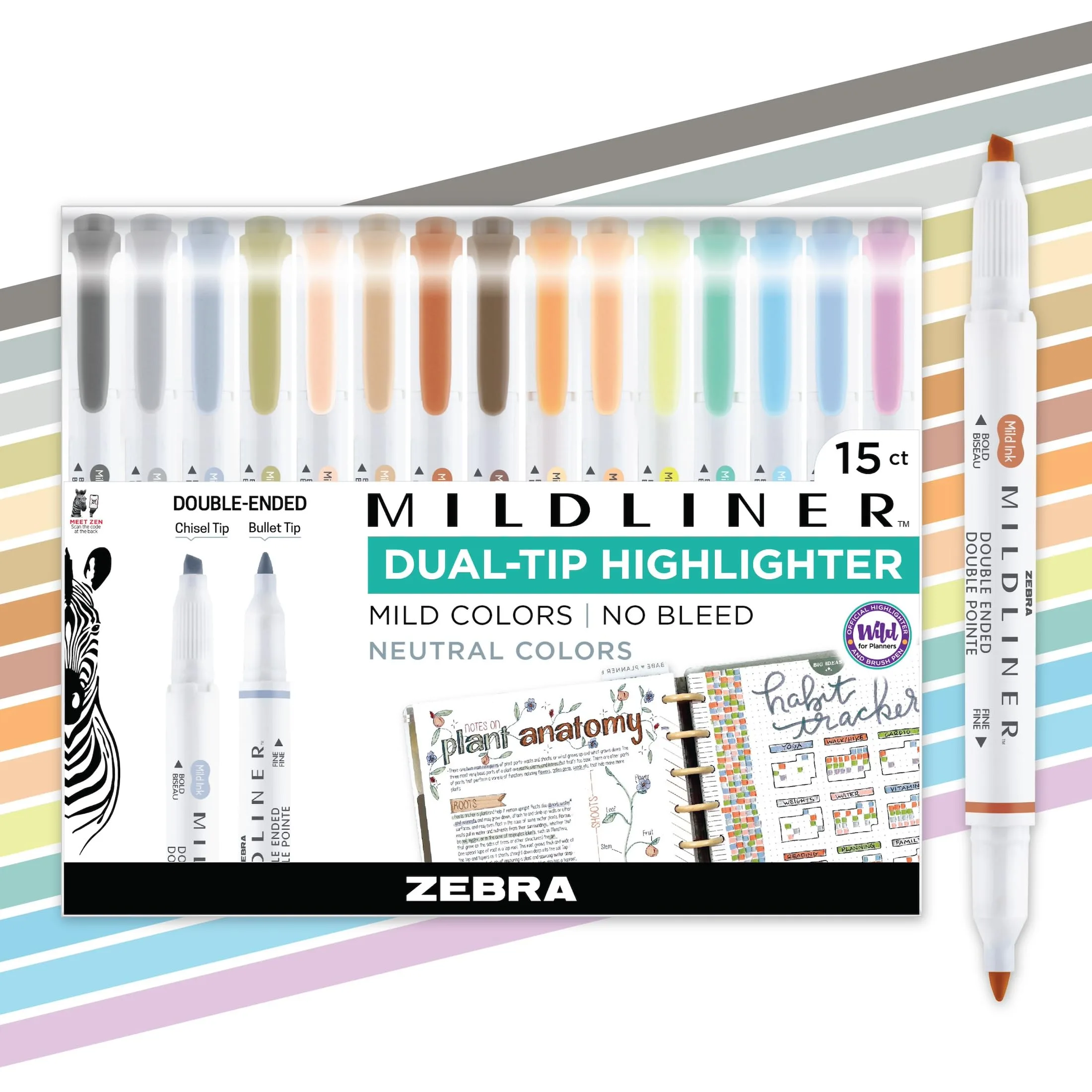 Zebra Pen Mildliner Dual-Tip Highlighter Set Neutral Vintage Colors (15-Pack) | USA Imported Stationery - main product image