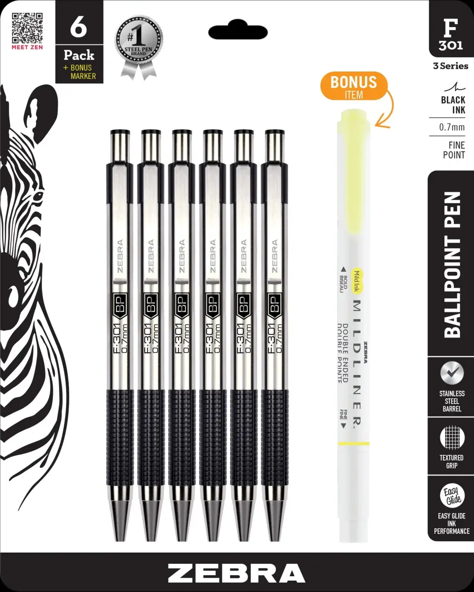 Zebra Pen STEEL F-301 Retractable Ballpoint Pen, Black Ink, 0.7mm, 6-Pack + Bonus Highlighter - main product image