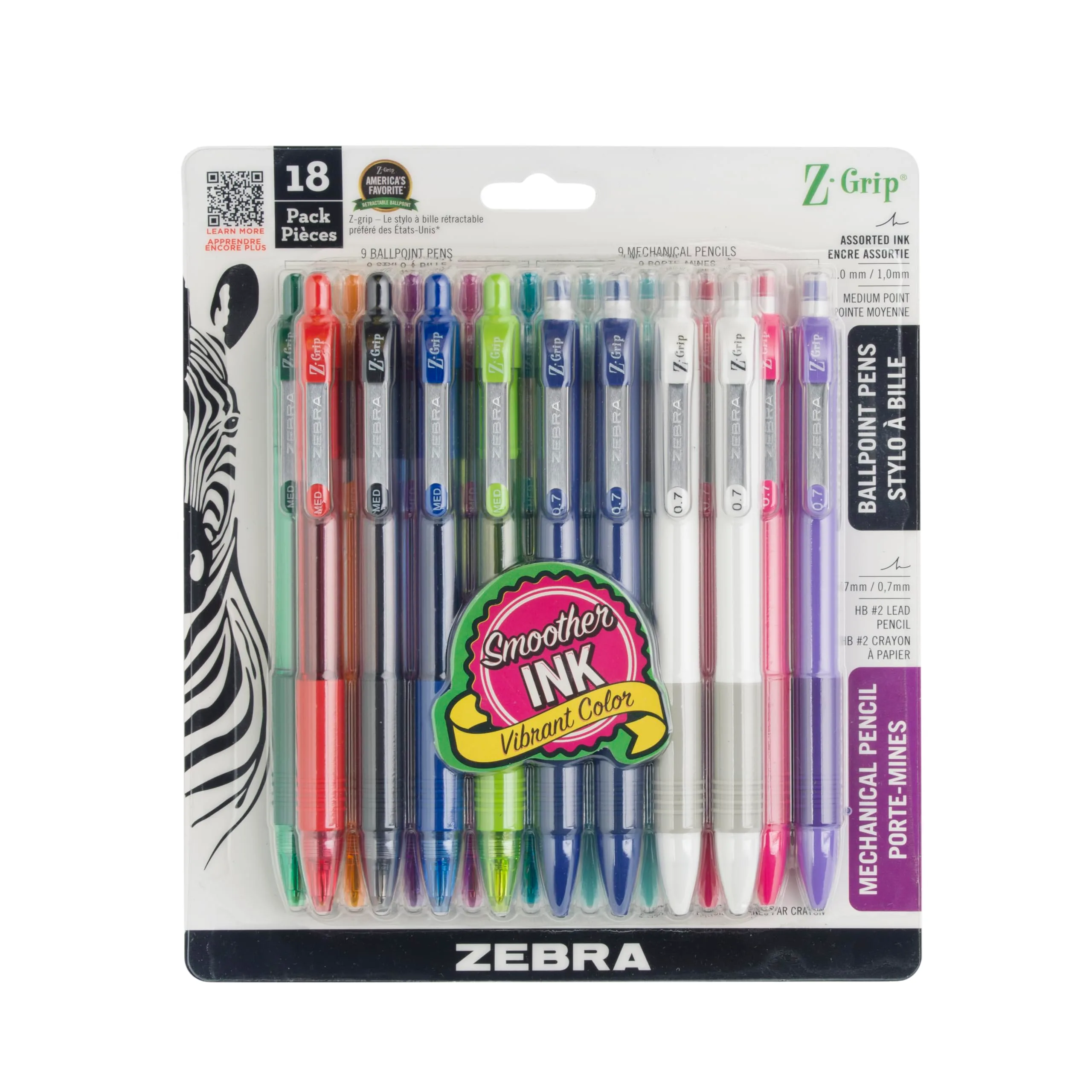 Zebra Pen Z-Grip Retractable Ballpoint Pen & Mechanical Pencil Set, Medium Point & 0.7mm Lead, Assorted Ink Colors, 18-Pack - main product image