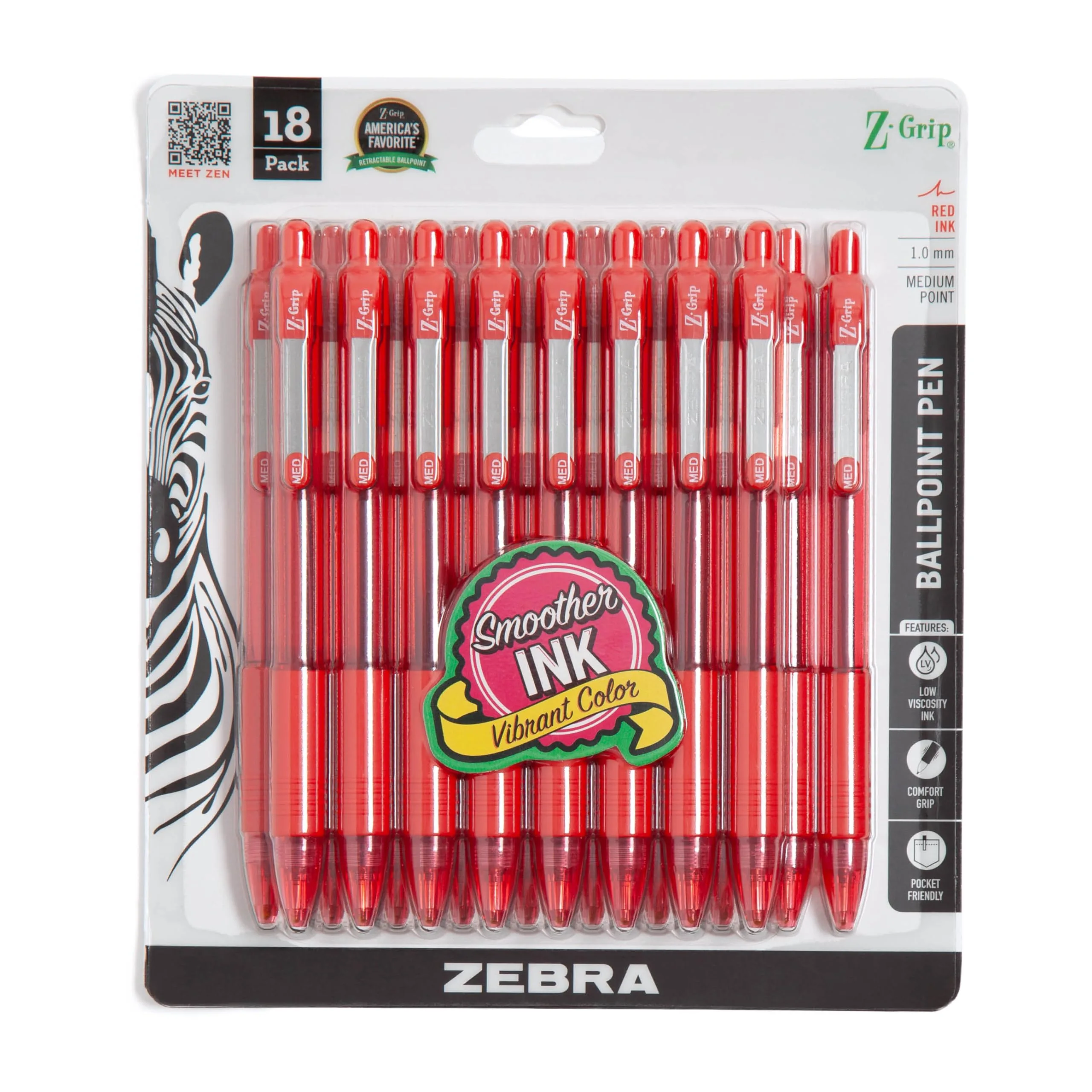 Zebra Pen Z-Grip Retractable Ballpoint Pen, Red Ink, 1.0mm Medium Point, 18-Pack | Smooth Writing for School & Office - main product image