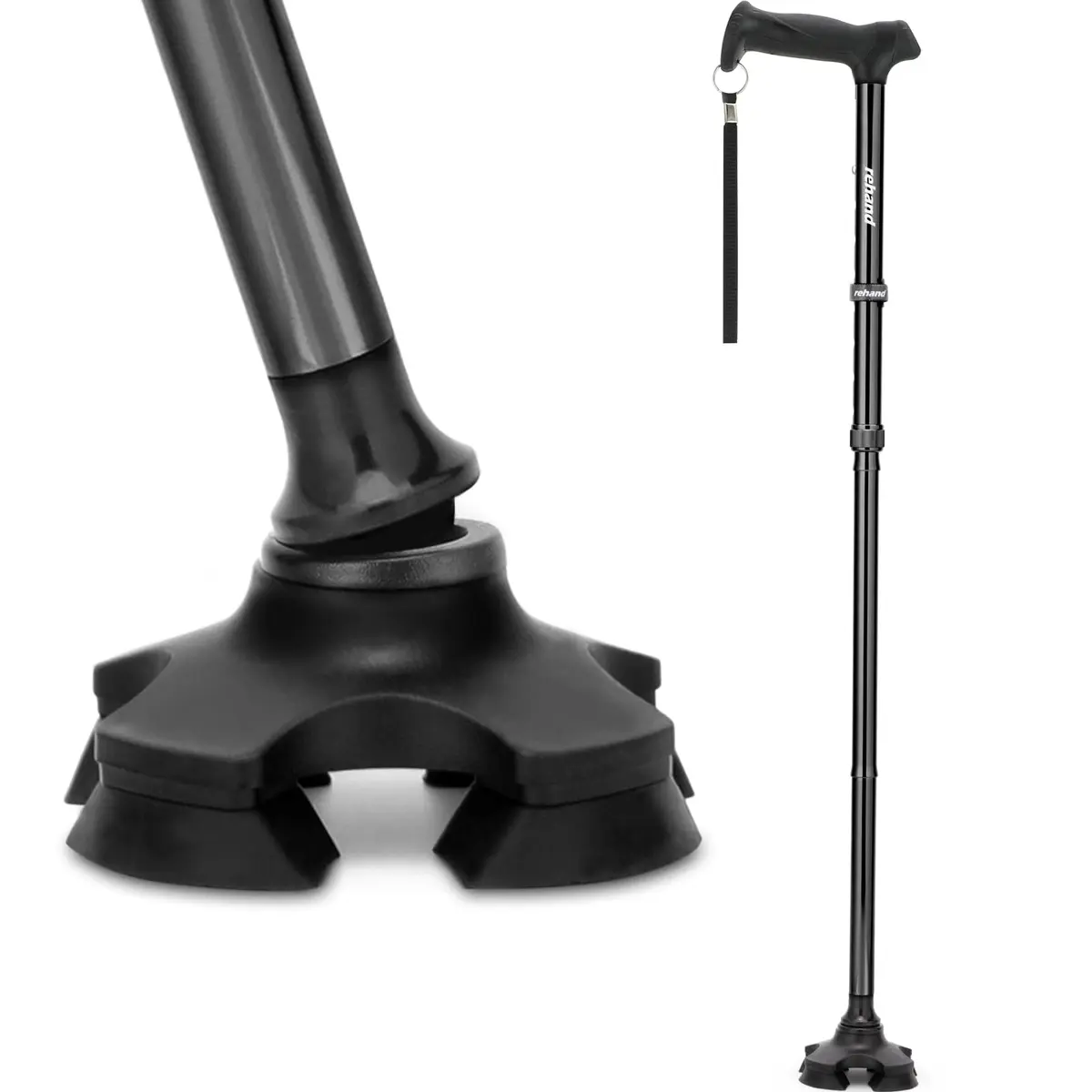 rehand Walking Cane for Men & Women - Foldable, Adjustable, Lightweight, Self Standing Pivot Cane, Soft Handle Grip, with Travel Bag (Black) - main product image