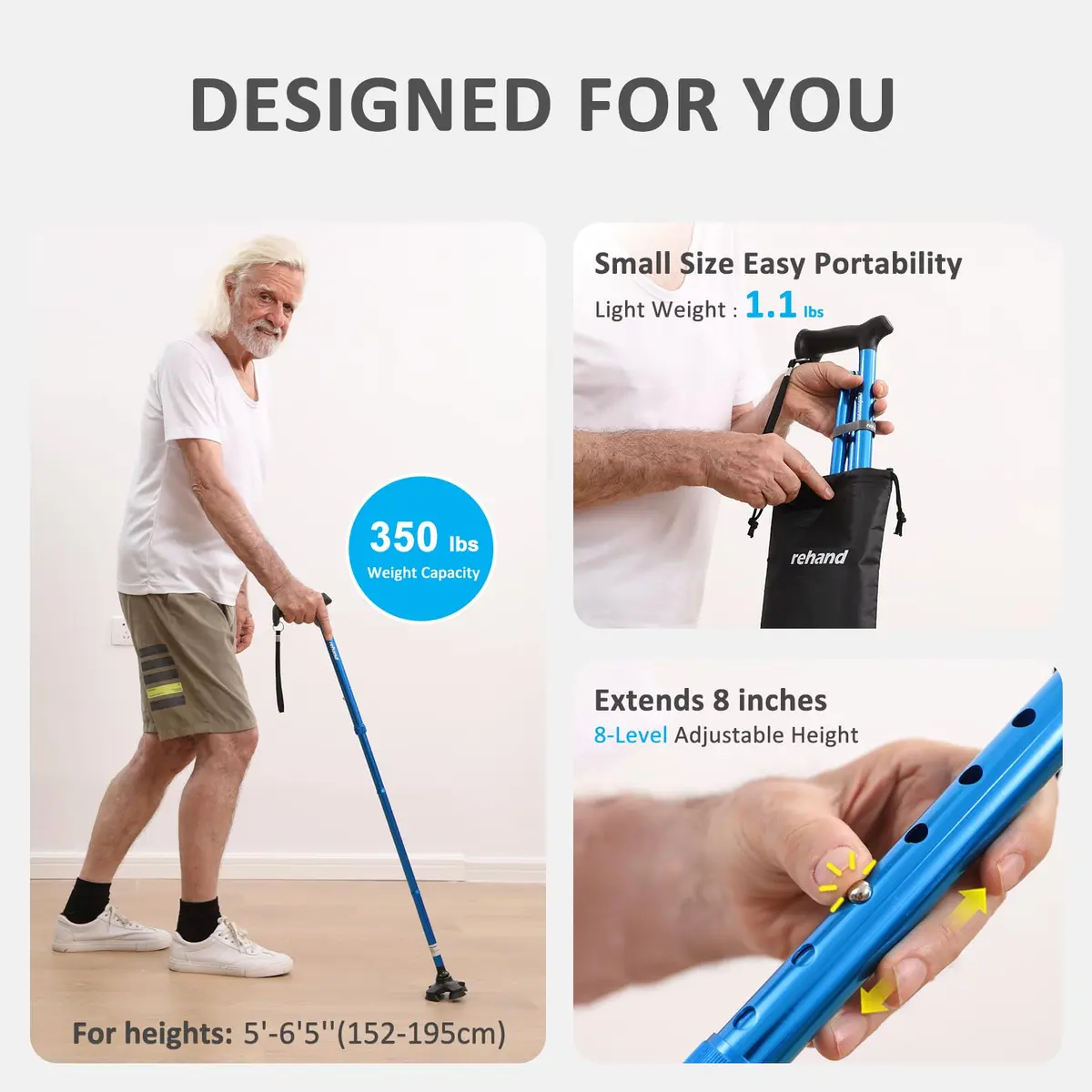 rehand Walking Cane for Men & Women - Foldable, Adjustable, Lightweight, Self Standing Pivot Cane, Soft Handle Grip, with Travel Bag (Black) - view 5