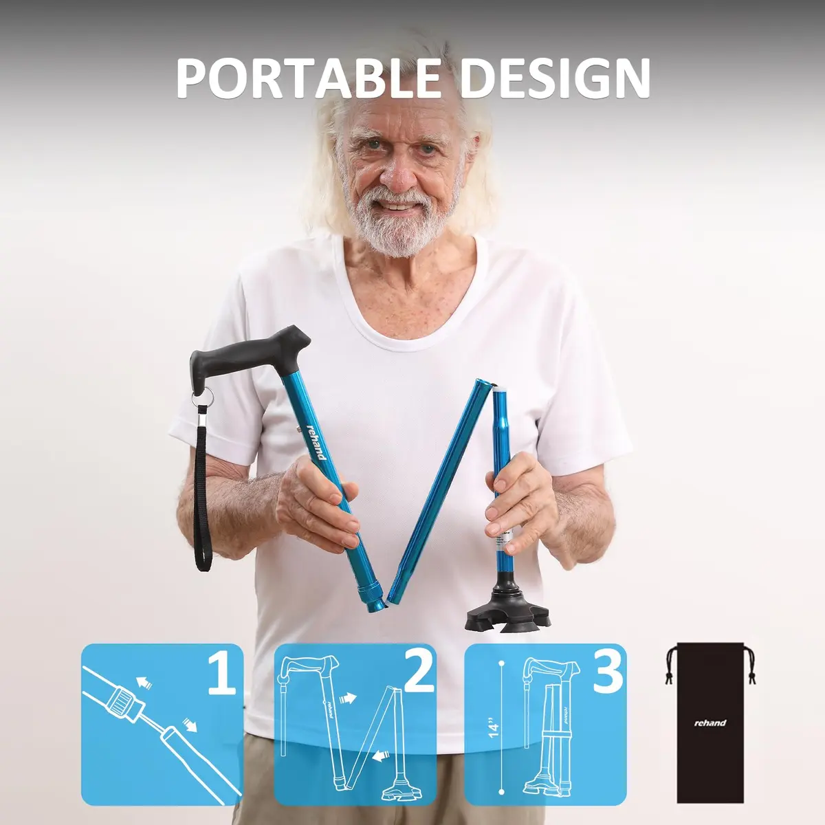 rehand Walking Cane for Men & Women - Foldable, Adjustable, Lightweight, Self Standing Pivot Cane, Soft Handle Grip, with Travel Bag (Black) - view 6
